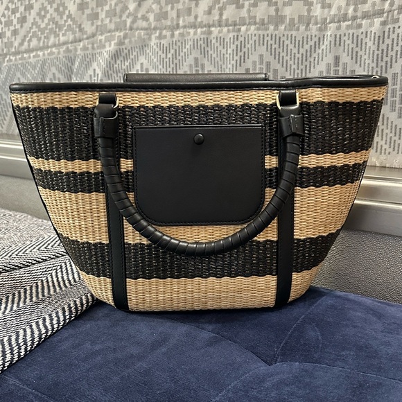 Kate Spade New York Cruise Medium Tote Bag Black & Tan Straw w/ Leather Trim - Picture 3 of 13